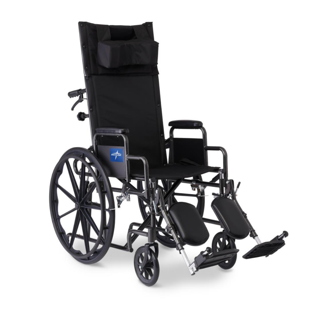 The Medline Guardian Reclining Wheelchair features black durable vinyl upholstery, a padded headrest, elevating leg rests, large rear wheels, and small front wheels for enhanced comfort and support.